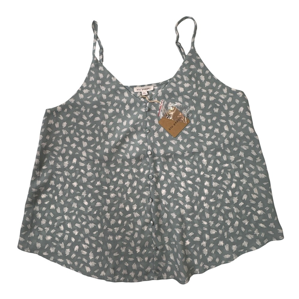 Blu Pepper Large Sage Blue White Brushstroke Cami Tank Top Beach Vaca Coastal